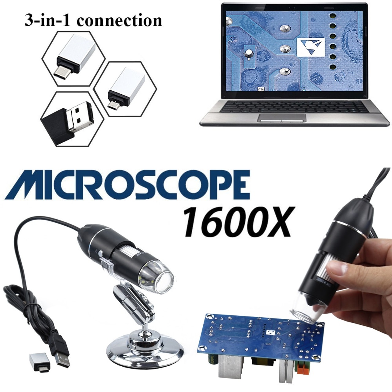 1600X 3-in-1 USB Digital Microscope Camera Endoscope with 8LED Magnifier & Adjustable Stand – Type-C Electronic Magnifier - Image 6
