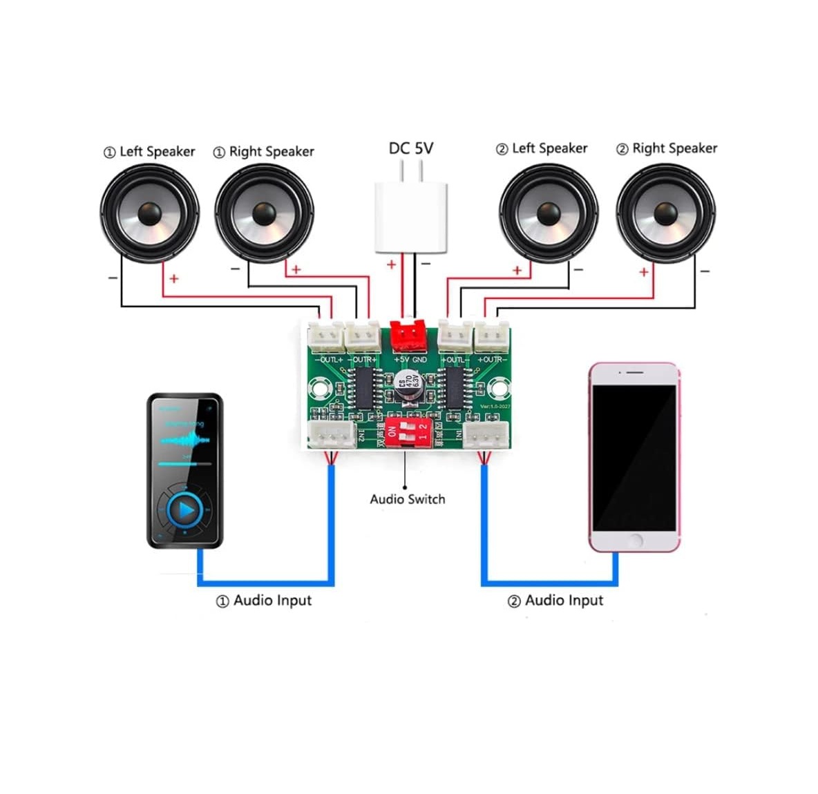 XH-A156 PAM8403 Digital Audio Amplifier Board DC 5V 3W*4 4 Channel AMP with Cable - Image 4
