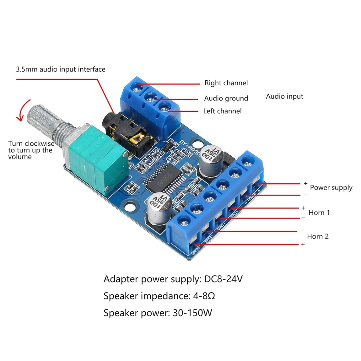 30Wx2 High-Power Stereo Digital Amplifier Board 12V/24V Power Supply DY-AP3015 - Image 4