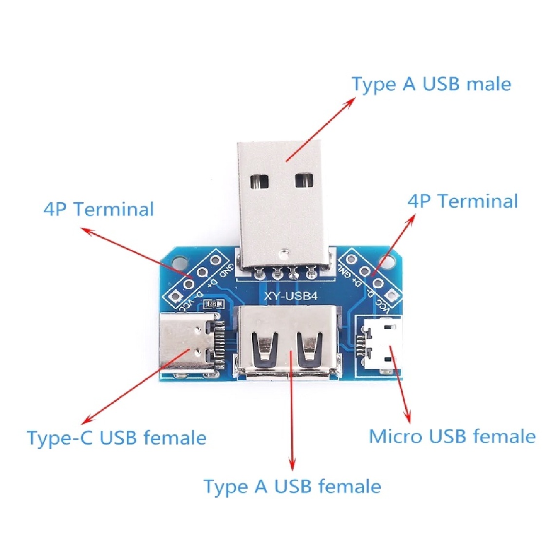 4-in-1 USB Adapter Board Male To Female Micro USB and Type-C Interface 4P 2.54mm - Image 5